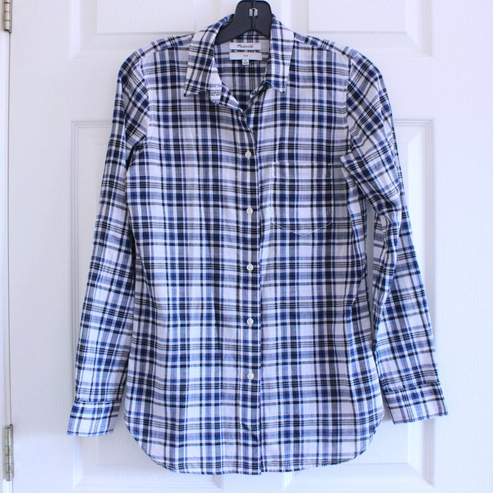 NWOT Madewell Plaid Navy and White Button Down Shirt